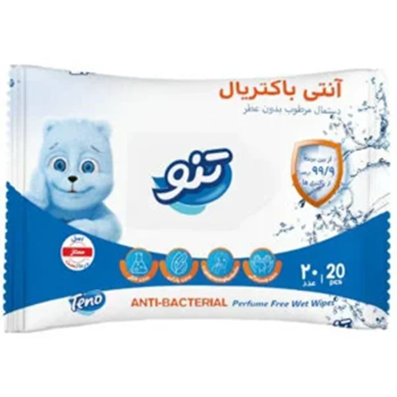 دستمال مرطوب آنتی باکتریال بدون عطر تنو بسته 20 عددی