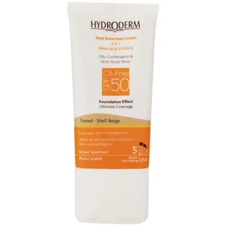 کرم ضد آفتاب هیدرودرم صدفی مناسب برای پوست چرب و مختلط و مستعد آکنه SPF 50 ظرفیت 50 میلی لیتر