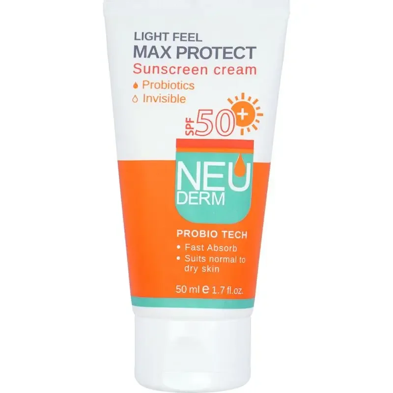 کرم ضد آفتاب نئودرم بی رنگ مناسب برای پوست نرمال تا خشک SPF 50 مدل Max Protect