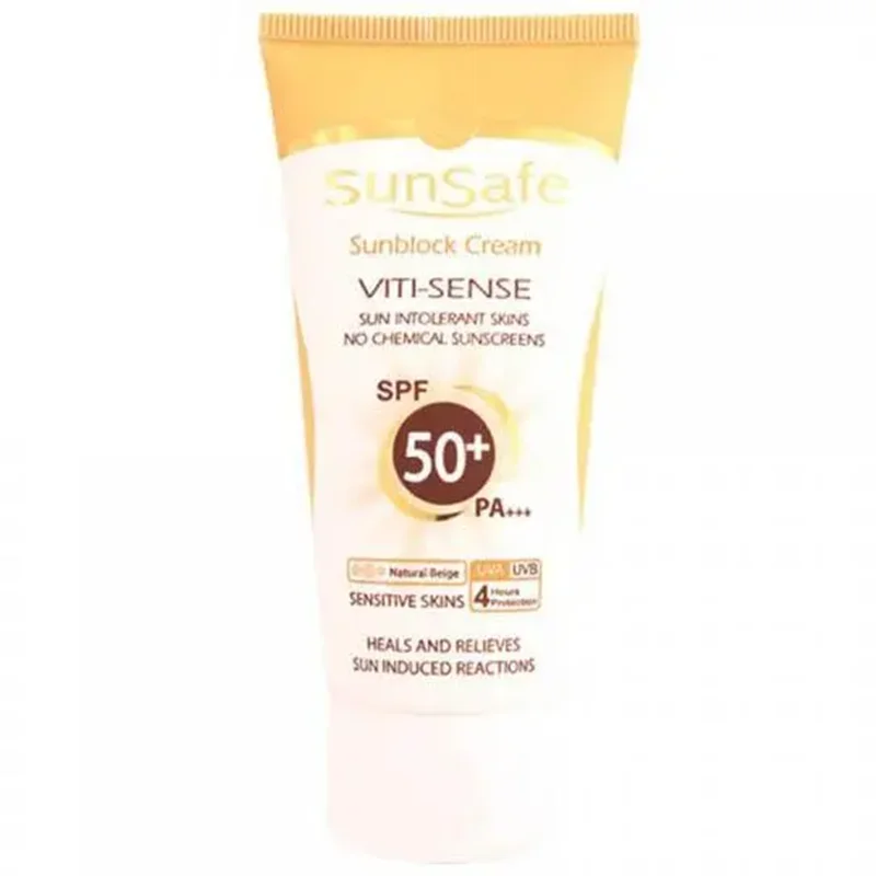 کرم ضد آفتاب سان سیف بژ طبیعی مناسب برای پوست حساس SPF 50 مدل Viti Sense ظرفیت 50 میلی لیتر
