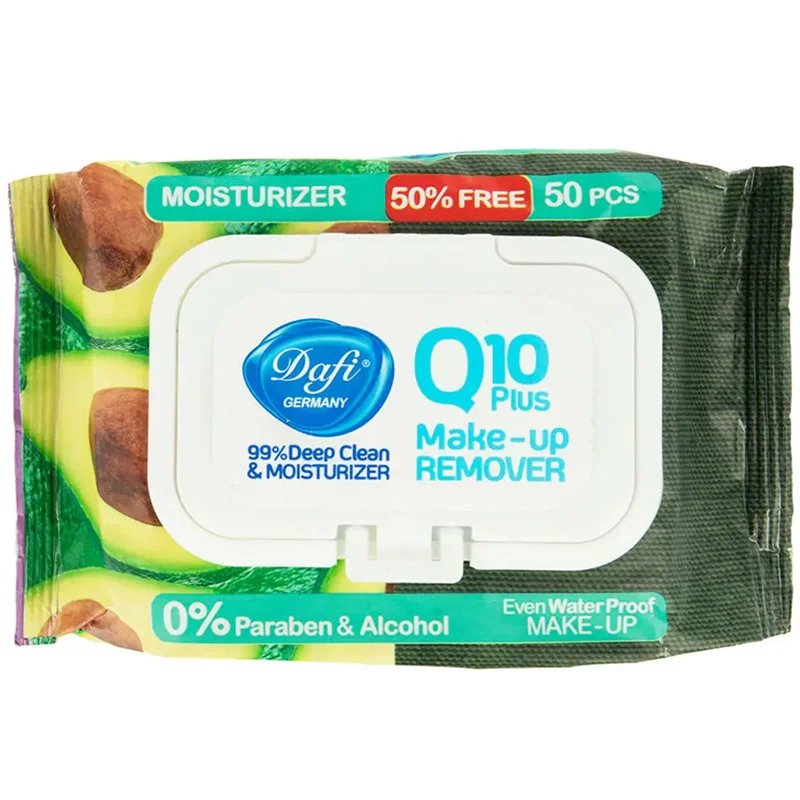 دستمال مرطوب پاک کننده آرایش دافی حاوی Q10 و عصاره آووکادو بسته 50 عددی