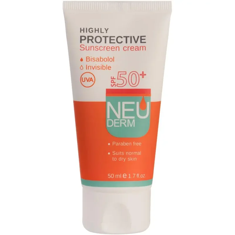 کرم ضد آفتاب نئودرم بی رنگ مناسب برای پوست نرمال تا خشک SPF 50 ظرفیت 50 میلی لیتر
