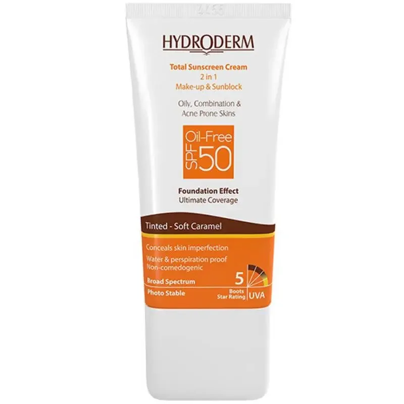 کرم ضد آفتاب هیدرودرم کاراملی مناسب برای پوست چرب و مختلط و مستعد آکنه SPF 50 وزن 40 گرمی