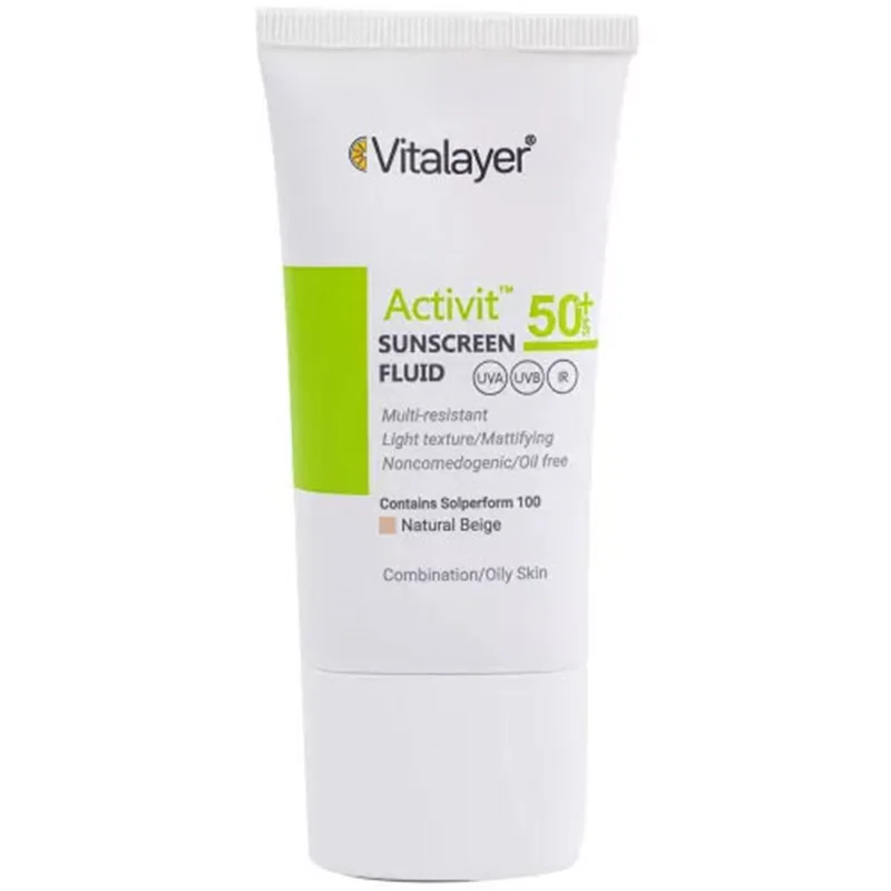 فلوئید ضدآفتاب ویتالیر بژ طبیعی مناسب برای پوست چرب و مختلط SPF 50