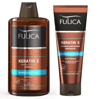 شامپو تقویت کننده مو و ترمیم کننده به همراه بالم مو فولیکا مدل Keratine E مجموعه دو عددی